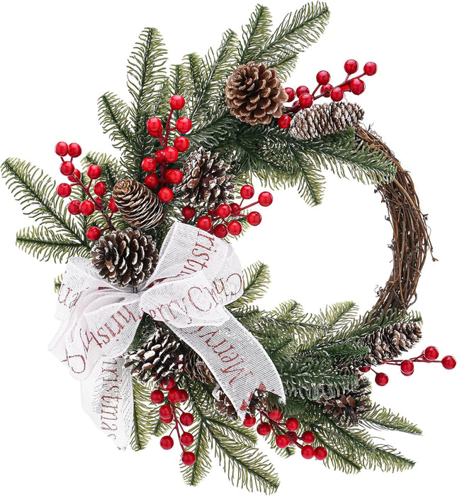 Cedar Christmas Wreaths with Red Berry - 15 Inch Winter Norfolk Pine Wreath with Bow, Pine Cones, Grapevine for Xmas Holiday Home Front Door Indoor Wall Decorations