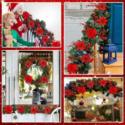 Hotop 48 Pcs 4 Styles Christmas Glitter Poinsettia Artificial Flowers 24,12 Bead Sticks,12 Berries Stems Gold Christmas Tree Ornament with Clips and Stem for Xmas Wedding Wreath Decoration (Red)