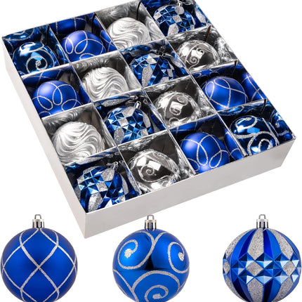 3.15" Christmas Ball Ornaments Set, 16pc Blue and Silver Xmas Tree Ornaments Decoration, Shatterproof Large Decorative Hanging Balls with Loop for Christmas Party Holiday Wreath Garland Home Decor