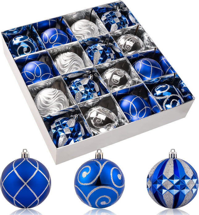 3.15" Christmas Ball Ornaments Set, 16pc Blue and Silver Xmas Tree Ornaments Decoration, Shatterproof Large Decorative Hanging Balls with Loop for Christmas Party Holiday Wreath Garland Home Decor