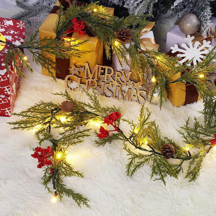 Christmas Garland with Lights, 6 FT Battery Operated Artificial Greenery Garland with Timer, 20 LEDs, Pine Cones and Red Berries for Mantle, Front Door, Stairs Railing Decoration (1 Pack)