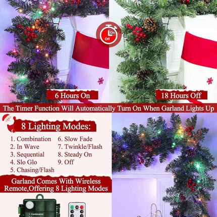 8 Modes & Remote Control - 9Ft Pre-Lit Christmas Garland, Christmas Decorations Artificial Garland with Timer 50 LEDs Pine Cones Berried Smokey Pine Bristle, Xmas Garland for Christmas Decor Indoor
