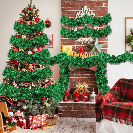 50FT Tinsel Christmas Garland Metallic Twist Garland Shiny Hanging Tinsel for Christmas Tree Party Supplies Indoor Outdoor Home Xmas Decoration (Green)