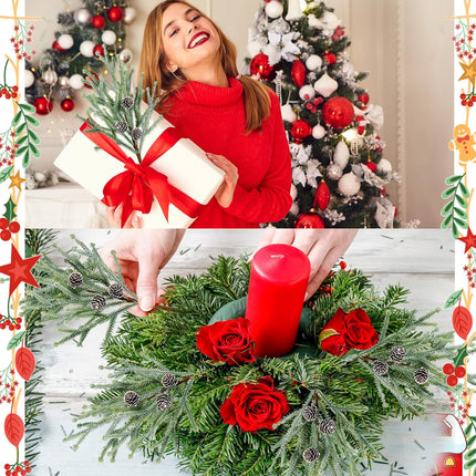 Sggvecsy 4 Pack Snow Frosted Christmas Pine Picks with Pine Cones Frosted Artificial Pine Branches Faux Pine Stem Christmas Pine Needles for Xmas Tree Wreath DIY Craft Holiday Decor (Red)