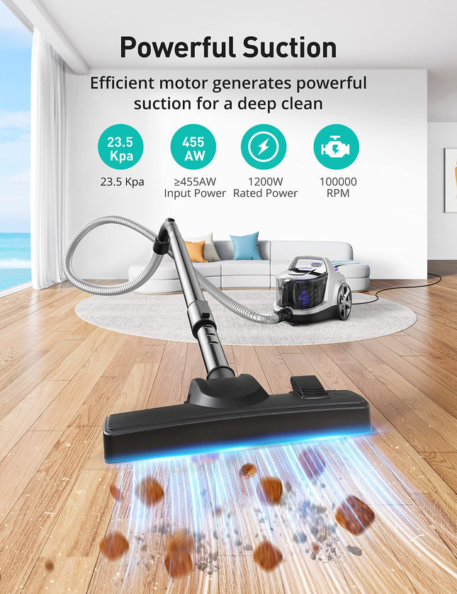 Aspiron d Canister Vacuum Cleaner, 1200W Bagless Vacuum Cleaner, 3.7Qt Large Capacity, Auto Cord Rewind, Double Hepa Filter, 5 Tools For Hard Floors, Carpet, Pet, Upholstery, Tiles, Car, Silver