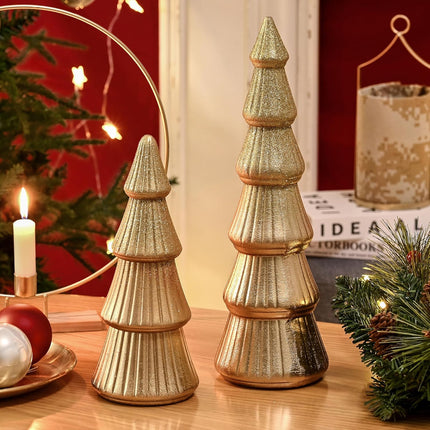 Wooden Christmas Tree Figurine, 2Pcs Gold Tree Figurines, Decorative Trees for Tabletop, Small Glittered Golden Xmas Tree Figurines for Christmas Mantle Indoor Decor