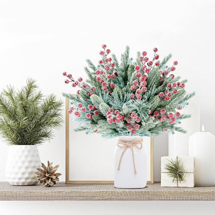 Sggvecsy 60 Pcs Artificial Snowy Pine Branches Fake Frosted Greenery Pine Picks Artificial Red Berry Stems Christmas Pine Needles for DIY Christmas Garland Wreath Xmas Flower Arrangements Decoration