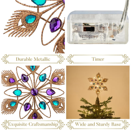 Valery Madelyn Lighted Christmas Tree Topper Star with Timer for Tree Decorations, 13 Inch Copper Gold Metal Star Tree Topper Snowflake Peacock Feather Jewel with Lights for Home Party Indoor