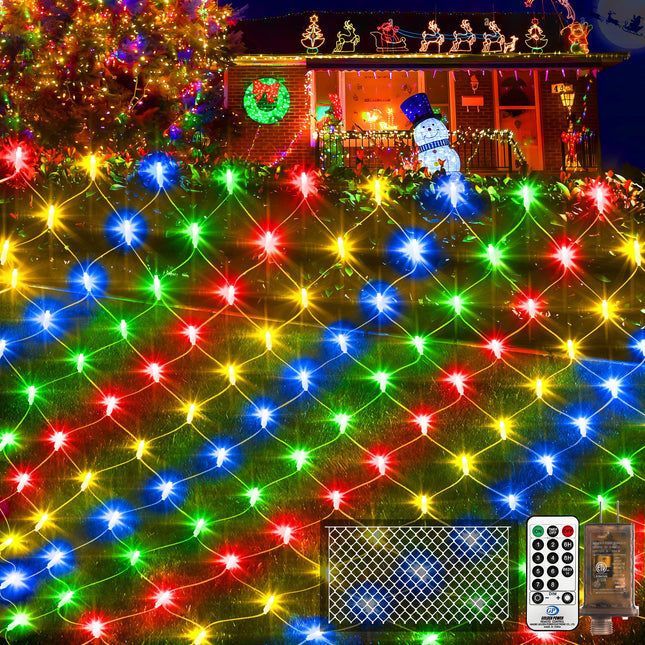 KNO Christmas Net Lights 360 LEDs 13ft x 9.8ft Outdoor Mesh Lights Connectable Waterproof 8 Modes & Timer Plug-in Net Fairy Lights for Bushes Garden Party Wedding Holiday,Multicolor