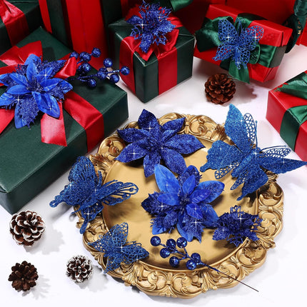 122 Pcs Christmas Glitter Poinsettia Artificial Flowers Berry Picks Butterfly Christmas Tree Ornaments 3 Styles Poinsettia kit with Clip for Xmas Wreath Home Tree Decor(Royal Blue)