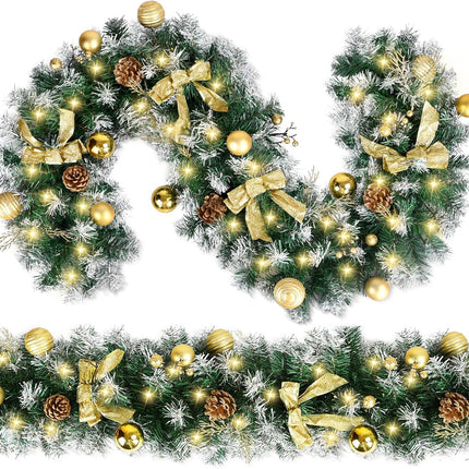 Christmas Garland with Lights, 6FT Garland with LED Lights, Battery Operated, Gold Bows and Ball Ornament, Artificial Pine Cones for Christmas Decorations and Holiday Mantle Decor