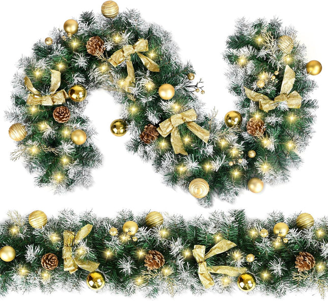 Christmas Garland with Lights, 6FT Garland with LED Lights, Battery Operated, Gold Bows and Ball Ornament, Artificial Pine Cones for Christmas Decorations and Holiday Mantle Decor