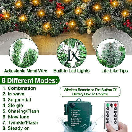 Remote Control 9 Ft Prelit Christmas Garland with Lights 8 Modes Timer 300 Branch Cedar Snowy Bristle 198 Berry 18 Pinecone Battery Operated Christmas Decorations Indoor Outdoor Holiday Mantle Stairs