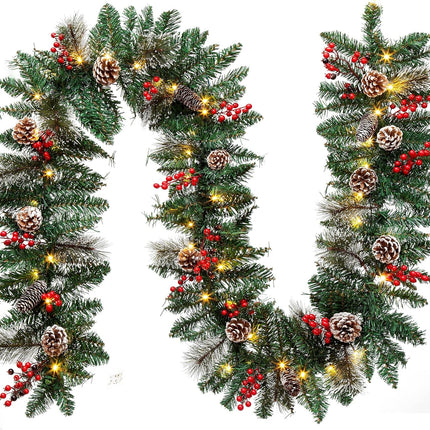 9FT Christmas Garland Decoration ，Battery Operated Lighted Garland with Pine Cones Red Berries Lush Branches，50 LED Lights 8 Modes，Christmas Decorations