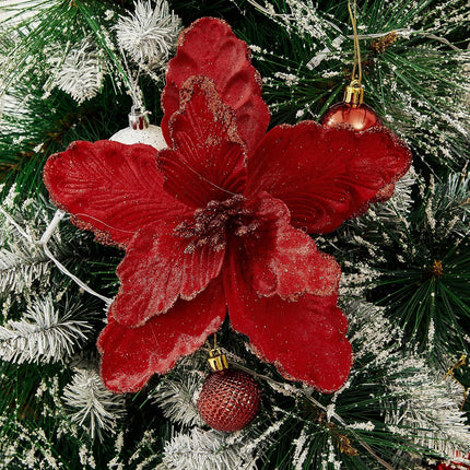 10 Pcs Large Poinsettias Christmas Tree Flower Glitter Silk Flower Picks Ornaments for Wreath Garland Wedding Decoration (Dark Red)