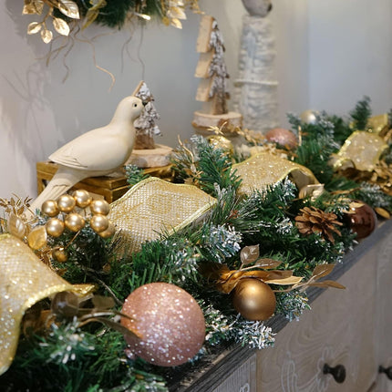 9FT Christmas Garland with Lights (Pre-Lit), Soomeir Artificial Christmas Decorations Decor, Champagne, Pine Cones, Ribbon, 80 Lights with Timer, for Indoor Outdoor Xmas Snow (Gold)
