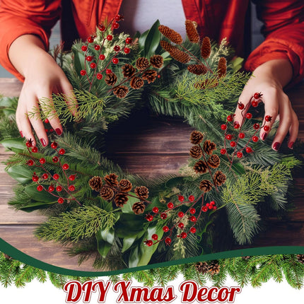 48PCS Christmas Berries Pine Picks Bulk Artificial Berry Stems Frosted Pine Branches Xmas Tree Picks Pinecones Vase Bouquets Wreath DIY Craft(Classic)