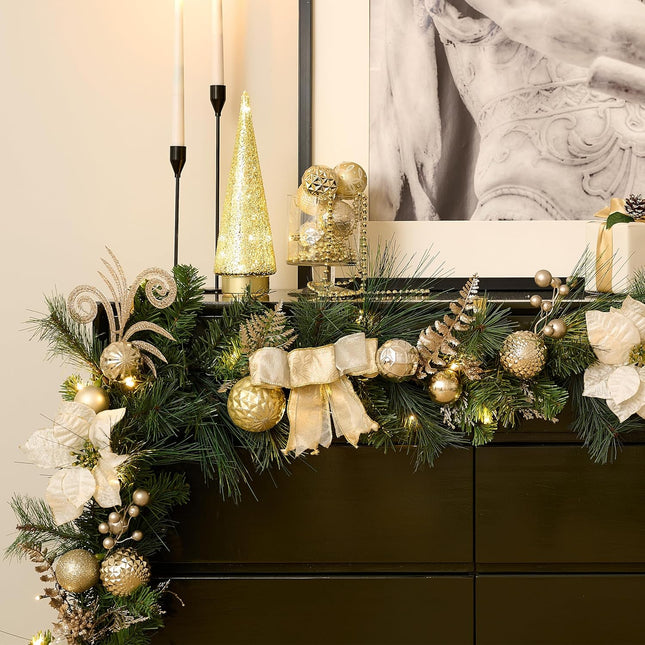 Valery Madelyn 9 feet Pre-Lit Christmas Garland with Lights for Mantle, Lighted Battery Operated Xmas Garland with White Gold Balls for Front Door Fireplace Table Centerpiece Outdoor Window Home Decor