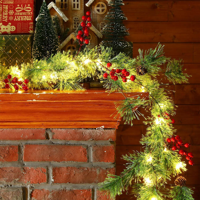 Retisee 4 Pcs 26.24 ft Christmas Garland with Lights Christmas Smokey Pine Garland with Remote Control, 120 LED Lights 8 Mode, Red Berry Garland for Indoor Outdoor Fireplace Mantel Stairs Decorations