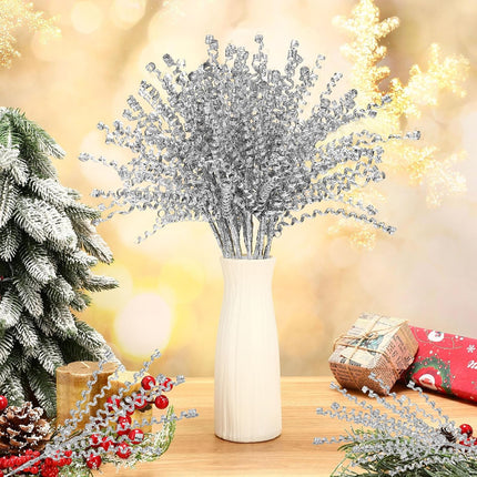 Tigeen 30 Pcs 16.5" Silver Christmas Tree Curly Picks Sprays Artificial Glitter Stems Glittery Twigs Branches for Christmas Tree Ornament Vase Filler DIY Garland Wreath Crafts Holiday Home Decor