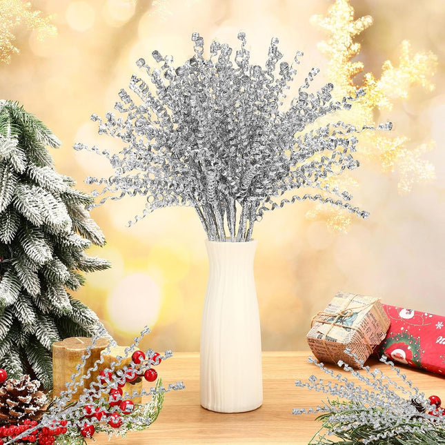 Tigeen 30 Pcs 16.5" Silver Christmas Tree Curly Picks Sprays Artificial Glitter Stems Glittery Twigs Branches for Christmas Tree Ornament Vase Filler DIY Garland Wreath Crafts Holiday Home Decor