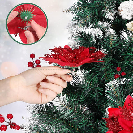 TOYANDONA 12pcs Christmas Glitter Poinsettia Flowers, Artificial Poinsettia Flowers Red Christmas Tree Ornaments with Stems and Clips for Christmas Wreath Wedding Decorations
