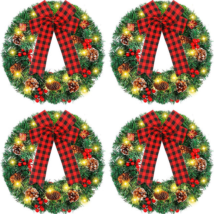 Lyrow 4 Pcs Christmas Wreath 13.8 Inches Prelit Small Xmas Wreaths with Red and Black Bow Christmas Door Wreath with Pine Cones Red Berries for Door Outdoor Holiday Party