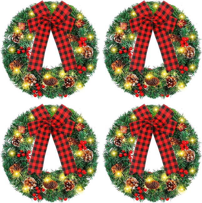 Lyrow 4 Pcs Christmas Wreath 13.8 Inches Prelit Small Xmas Wreaths with Red and Black Bow Christmas Door Wreath with Pine Cones Red Berries for Door Outdoor Holiday Party