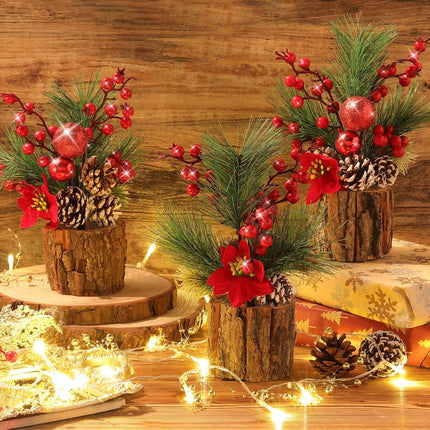 3 Pcs 11 Inch Christmas Tree Tabletop Artificial Mini Christmas Tree Decorations with Holiday Ornaments Pine Cone Red Berry Farmhouse Xmas Tree for Fireplace Home Indoor Decor(Poinsettia)