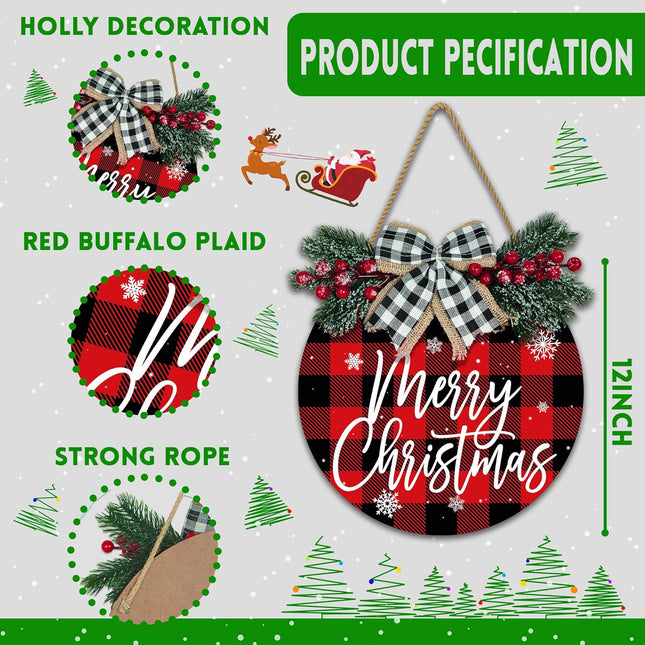 Merry Christmas Wreath Red Buffalo Plaid Xmas Welcome Door Hanger Sign for Front Door Decoration Winter Door Sign 12 Inch Welcome Wood Wreaths Rustic Wall Hanging Porch Window Decor Indoor Outdoor