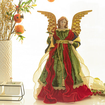 KI Store Angel Christmas Tree Topper 18-Inch Red Gold Green Angel Figurines Treetop Unlit for Christmas Decoration