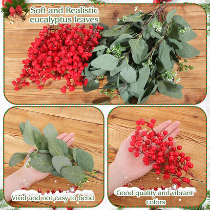 Ceenna 60 Pcs Christmas Artificial Pine Branches Fake Pine Picks Leaves Christmas Greenery Stems Evergreen Berry Stems Set for DIY Craft Garland Flower Christmas(Eucalyptus,13.2 Inch)