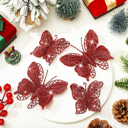 Liliful 32 Pcs Christmas Glitter Butterfly Ornament with Clip Hollow Butterfly Xmas Decoration Artificial Hanging Butterfly Clip Decor for Christmas Tree Wedding Wreath Party Supply,2 Size (Red)