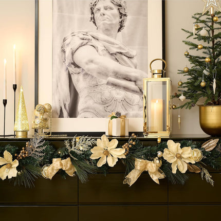 Valery Madelyn 6 feet Pre-Lit Christmas Garland with Lights for Mantle, Lighted Battery Operated Xmas Garland with White Gold Ball Magnolia for Front Door Fireplace Table Centerpiece Window Home Decor