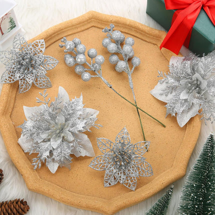 Sliver Christmas Flowers Artificial, 28 Pack sliver Poinsettia Artificial Christmas Flowers and Berry Stems for Christmas Tree decorations Xmas home Decor for Wreath Holiday Party indoor outdoor