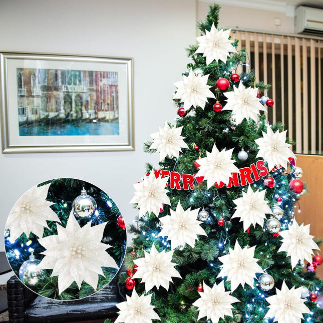 Sggvecsy 15 Pcs Christmas Glitter Flowers Christmas Tree Ornaments Shining Artificial Poinsettia Christmas Flowers Decoration with Clips for Xmas Holiday Wedding Wreath Party Floral Decorations(White)