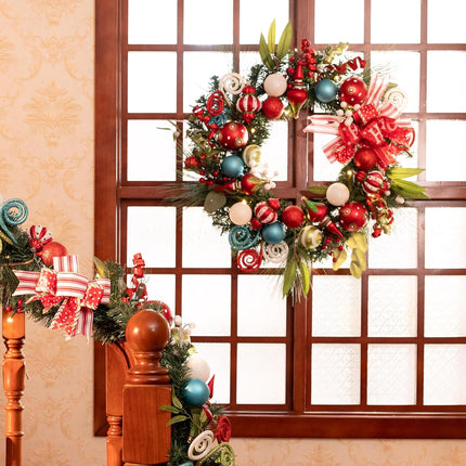 Valery Madelyn 24 Inch Pre-Lit Christmas Wreath for Front Door with Lights, Large Lighted Christmas Wreath with Elf Red Green Xmas Balls for Fireplace Window Outdoor Table Centerpiece Home Decoration