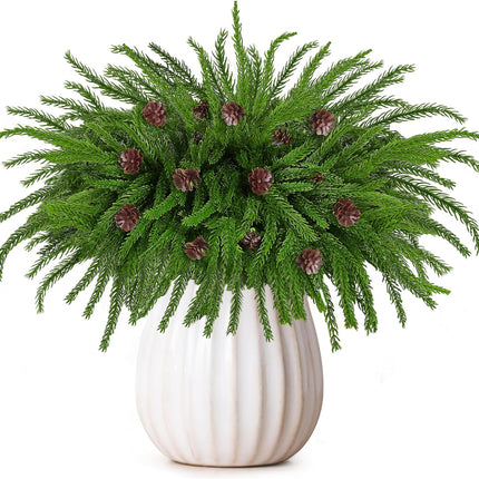 12 Pieces Christmas Norfolk Pine Branches with Pine Cones 18 Inch Norfolk Pine Stems Artificial Norfolk Pin Needle Branches DIY Crafts Faux Greenery for Xmas Home Decor Garland Wreath Craft
