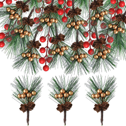 40 Pieces Mini Artificial Christmas Floral Picks Artificial Pine Picks Red Berry Picks Holly Red Berry Stems Green Pine Needles Picks for Christmas Tree Wreath ing Props Winter Holiday