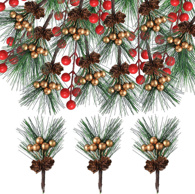 40 Pieces Mini Artificial Christmas Floral Picks Artificial Pine Picks Red Berry Picks Holly Red Berry Stems Green Pine Needles Picks for Christmas Tree Wreath ing Props Winter Holiday