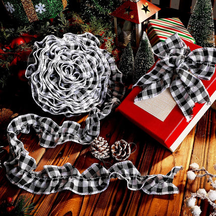 15 Yards Plaid Christmas Tree Garland Christmas Buffalo Plaid Ribbon Ruffled Homespun Fabric Garland Christmas Tree Ribbon Decorations for Christmas Home Wreath Staircase Tree Decor (White and Black)