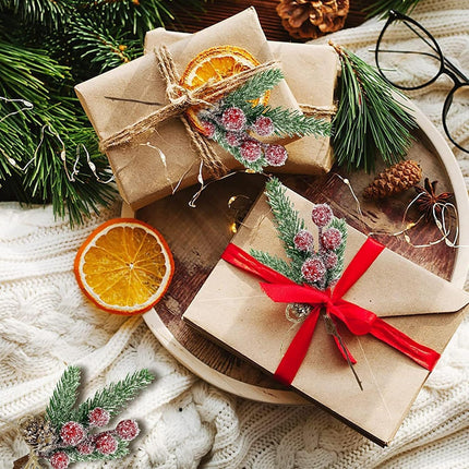 12PCS Christmas Berries Pine Cones Artificial Tree Picks Christmas Decorations with Snow Covered Evergreen Pine Branches for Holiday Family Gathering Craft Wrap Decor