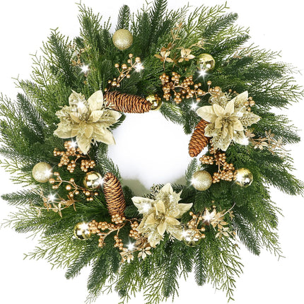 24” Christmas Wreaths for Front Door, Christmas Wreath with Lights Gold Flower Berry Leaves Ball, Glittering Wreath Decor Home Christmas Year