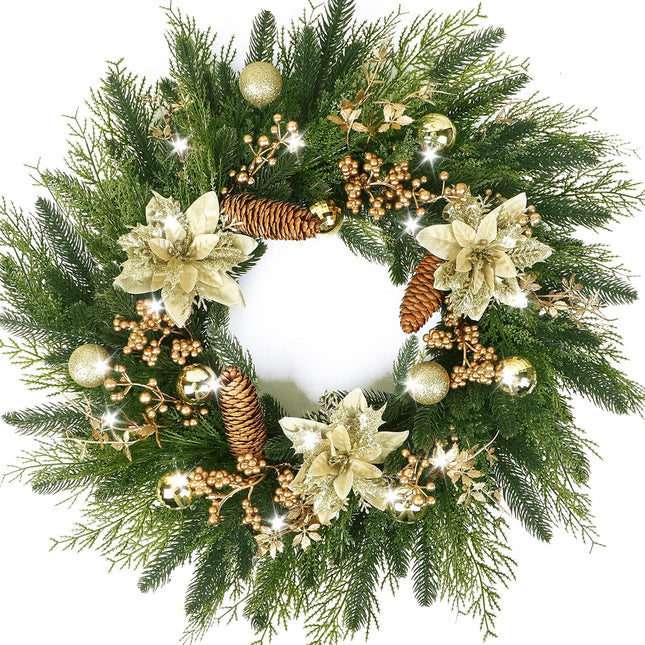 24” Christmas Wreaths for Front Door, Christmas Wreath with Lights Gold Flower Berry Leaves Ball, Glittering Wreath Decor Home Christmas Year