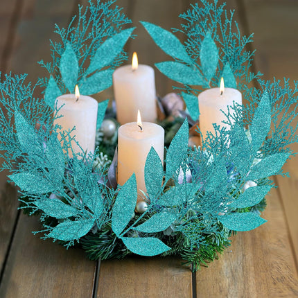 Winlyn 30 Pcs Christmas Teal Blue Glittered Artificial Leaf Sprays Cedar Picks Christmas Tree Ornaments Winter Floral Stems for Teal Blue Christmas Tree Wreath Centerpiece Holiday Wedding Decorations