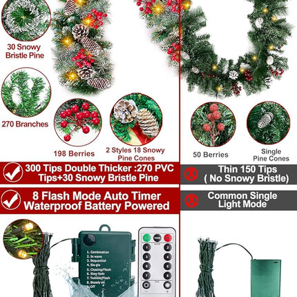 Remote Control - 9 Ft Prelit Christmas Garland 50 Lights Timer 8 Mode Thick 300 Branches 198 Red Berry 18 Pinecone Battery Operated Cedar Garland Outdoor Christmas Garland for Stairs Indoor Xmas Decor