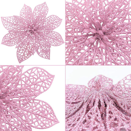 TURNMEON 24 Pack 6 Inch Pink Christmas Glitter Poinsettia Artificial Silk Flowers Picks Christmas Tree Ornaments for Pink Christmas Tree Wreaths Garland Holiday Decoration (Pink)