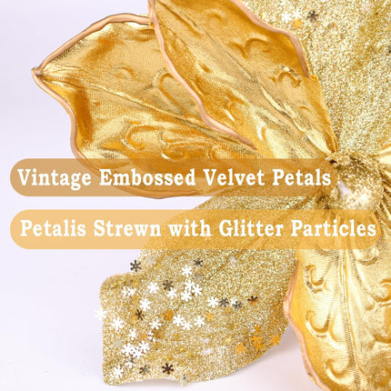 10" Velvet Poinsettias Artificial Christmas Flowers, 6pcs Large Glitter Christmas Poinsettia Picks, Floral Stems for Christmas Tree Wreath Garland Decorations DIY Ornaments (Gold