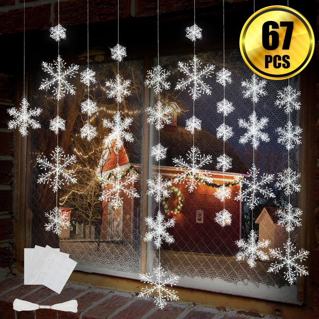 63 Pieces 4 Sizes White Christmas Snowflake Decorations Snowflake Ornaments Garland, 8 Meters White Strings and 60 Pieces Round Double Side Tape for Home Christmas Holiday Party Decorations