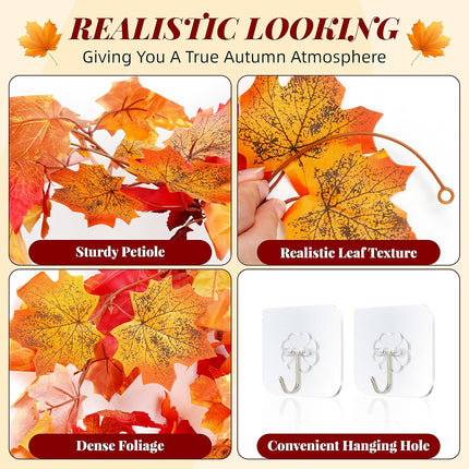 Artificial Fall Garland Maple Leaf, Hanging Vine Garland Artificial Fall Leaves Autumn Foliage Garland Thanksgiving Decor for Home Wedding Fireplace Party Christmas (2)